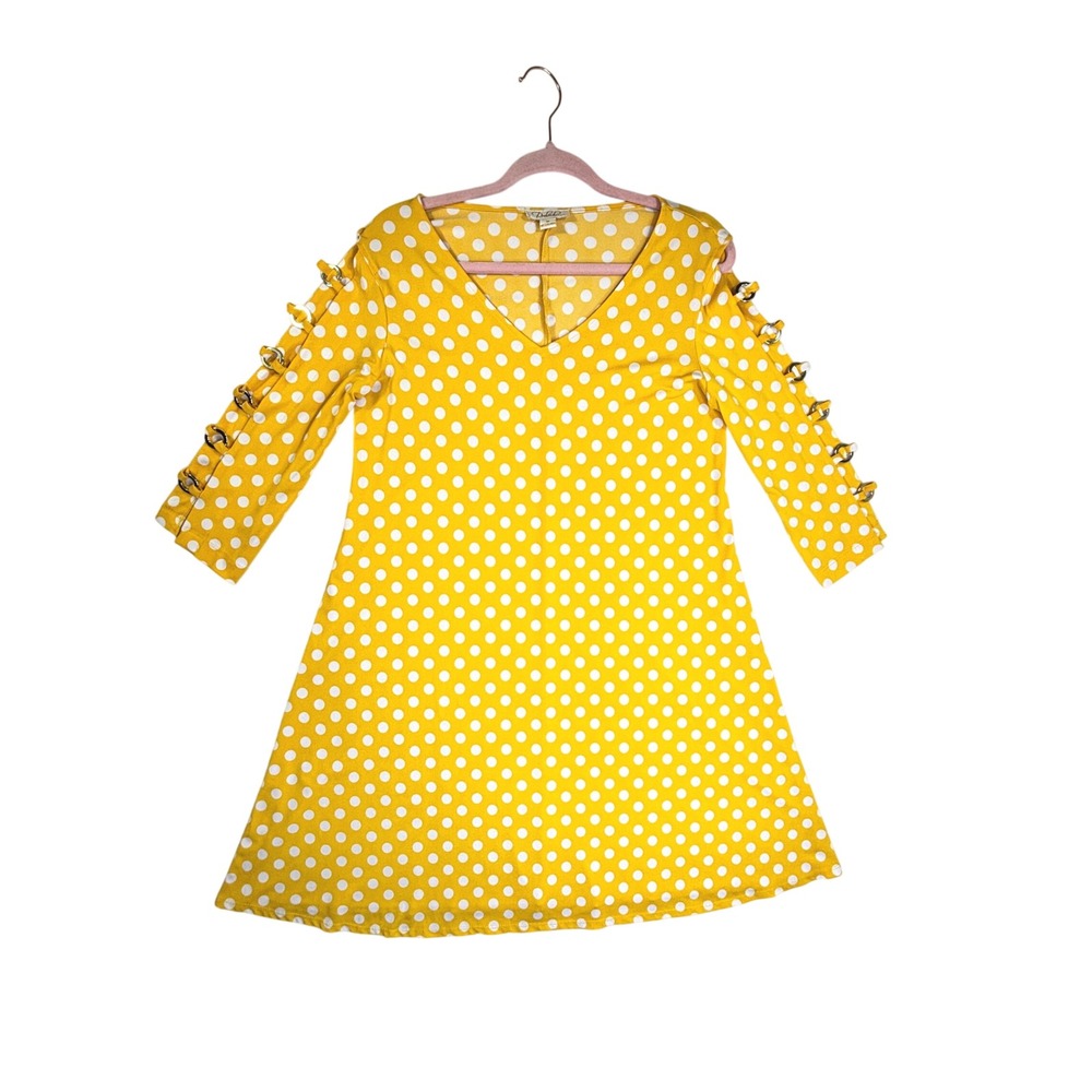 Prelude Yellow Polka Dot V-Neck Dress Gold Ring Cut-Out Sleeve Medium